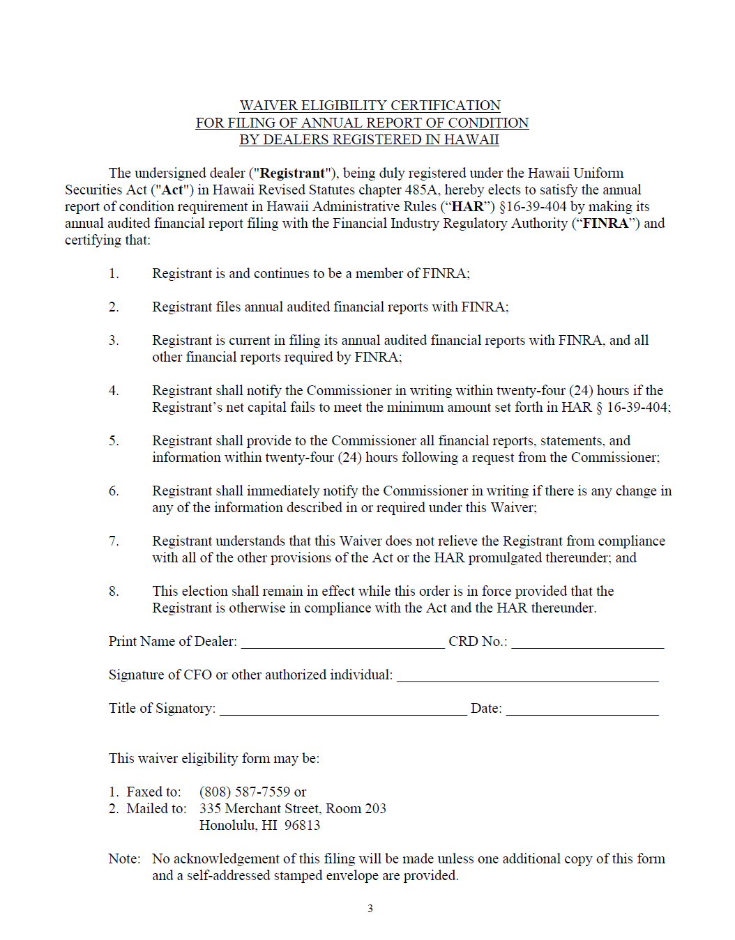 BD- Hawaii Waiver Eligibility Cert. for Filing of Annual Report of Condition