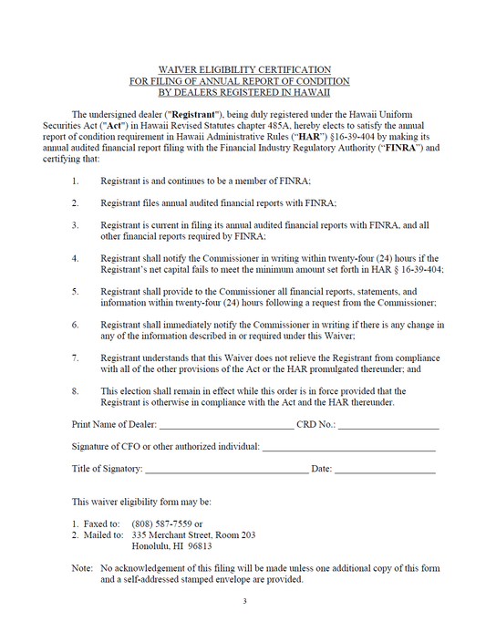 BD- Hawaii Waiver Eligibility Cert. for Filing of Annual Report of Condition