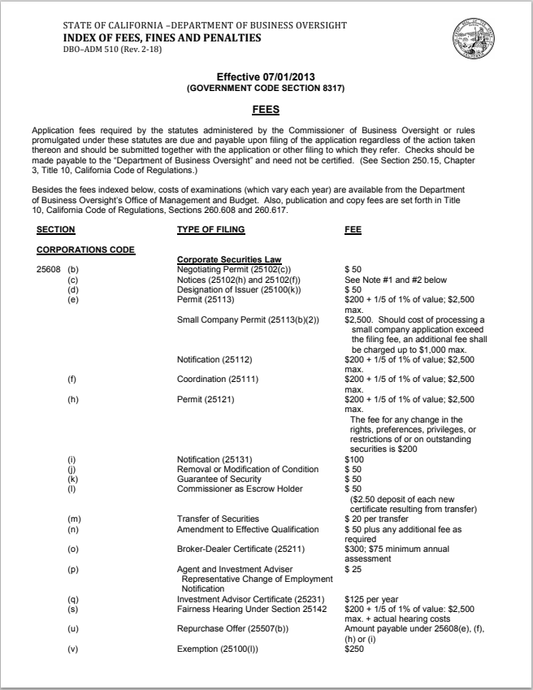 BD- California Index of Fees, Fines and Penalties (Form 510)