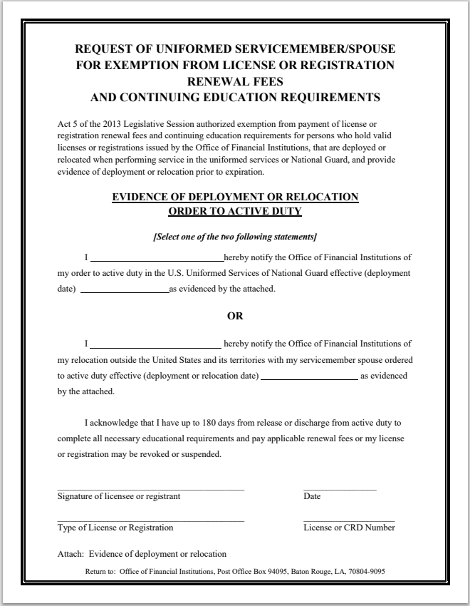 BD- Louisiana Broker-Dealer Agent Uniformed Service Member-Spouse Exemption Form