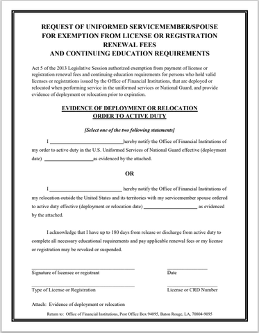 BD- Louisiana Broker-Dealer Agent Uniformed Service Member-Spouse Exemption Form