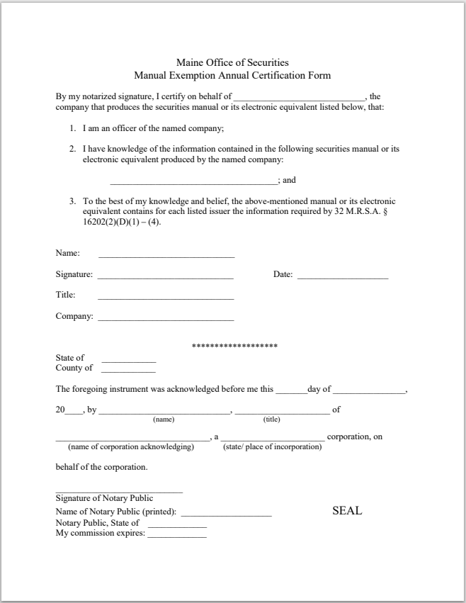 BD- Maine Broker-Dealer Annual Certification for Manual Exemption Form