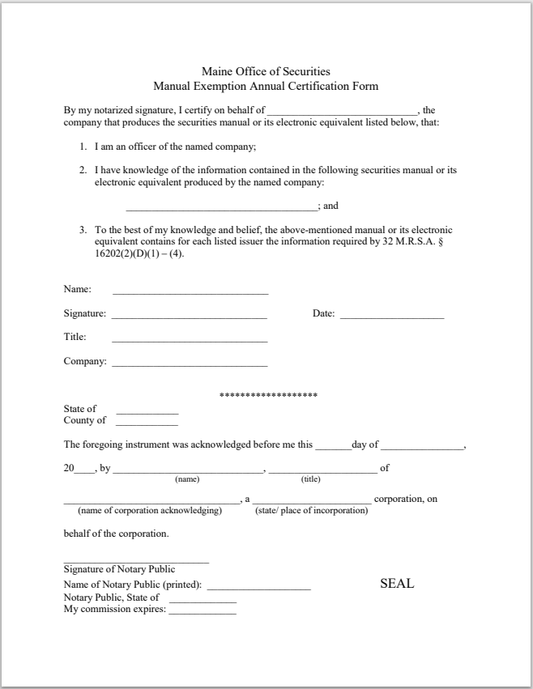 BD- Maine Broker-Dealer Annual Certification for Manual Exemption Form