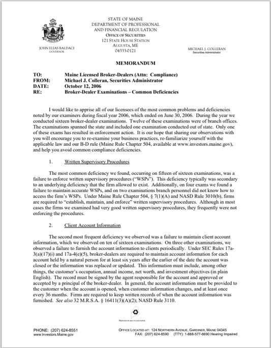 BD- Maine Broker-Dealer Examination Common Issues