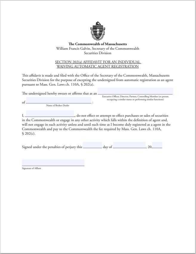 BD- Massachusetts B-D Agent Affidavit for Waiving Automatic Registration