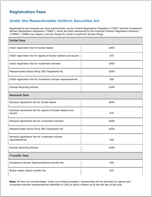 BD- Massachusetts Broker-Dealer and Investment Adviser Registration Fees