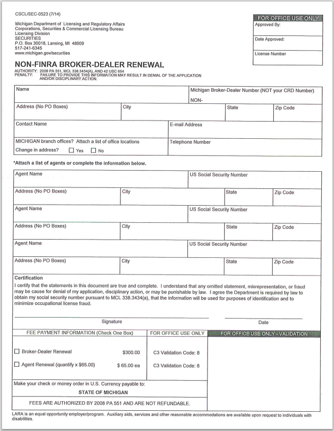 BD- Michigan Non-FINRA Broker-Dealer Registration Renewal Form