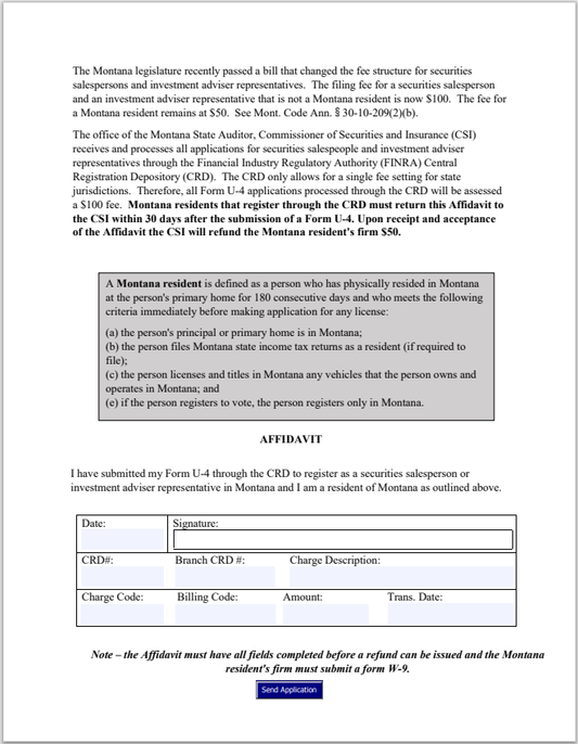 BD- Montana Broker-Dealer Agent Resident Affidavit Form