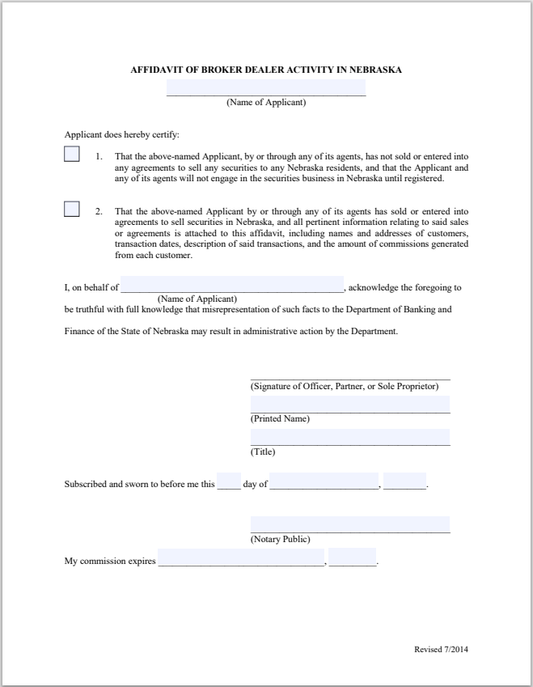 BD- Nebraska Broker-Dealer Affidavit of Activity Form