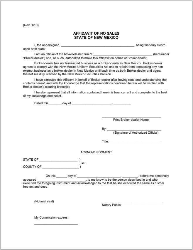 BD- New Mexico Broker-Dealer Affidavit of No Sales Form