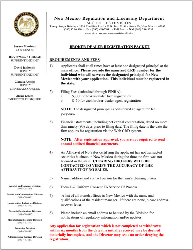 BD- New Mexico Broker-Dealer Registration Requirement Packet