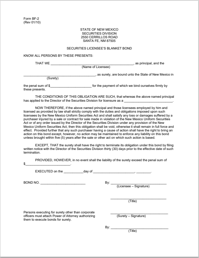 BD- New Mexico Broker-Dealer Reg. Surety Bond Form BF-2