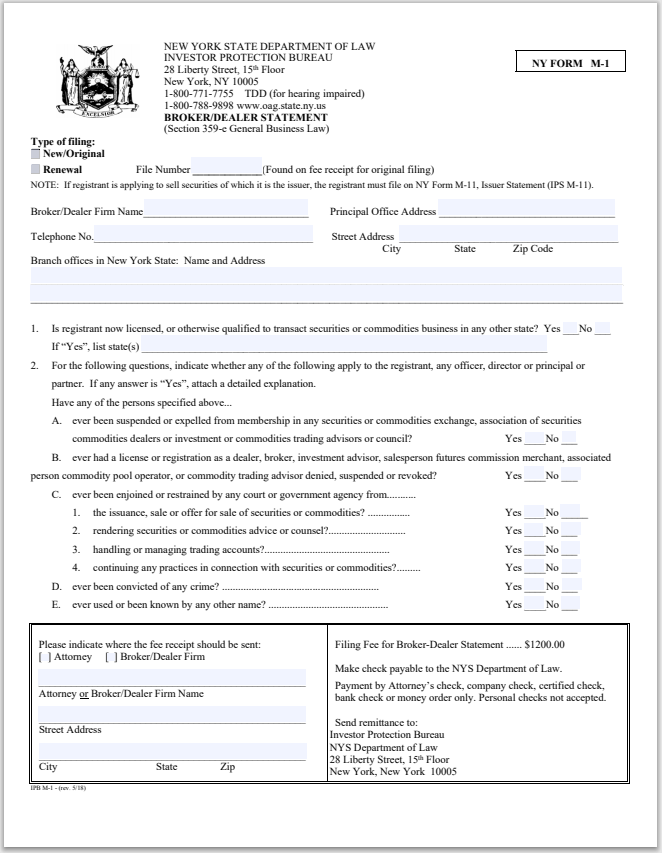 BD- New York Broker-Dealer Statement Form M-1