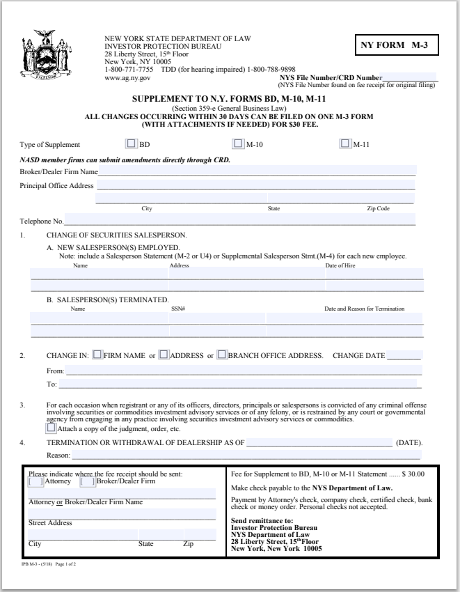 BD- New York Broker-Dealer Form M-3 Supplement to NY Forms BD, M-10, M-11