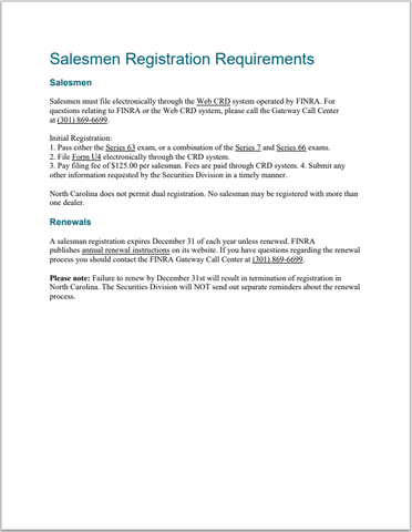 BD- North Carolina Salesmen Registration Requirements Guide