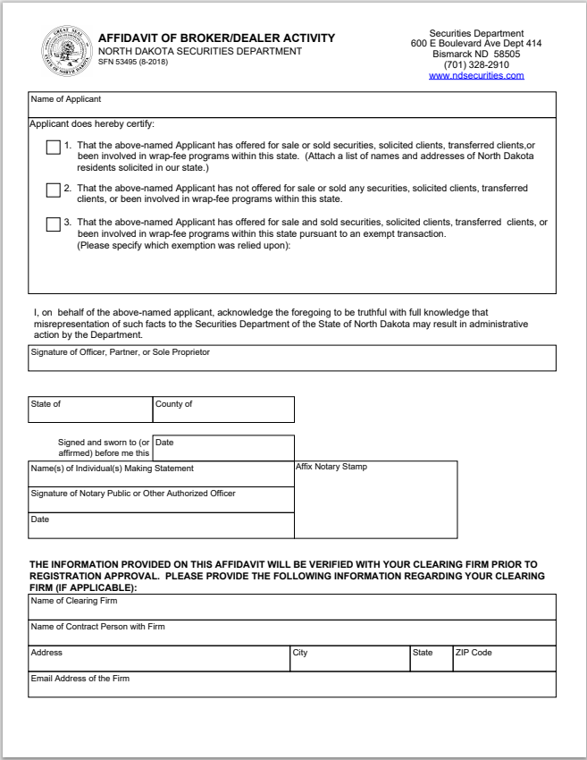 BD- North Dakota Broker-Dealer Affidavit of Activity Form