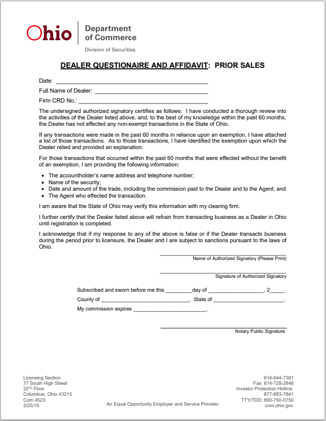 BD- Ohio Broker-Dealer Questionnaire and Affidavit Form