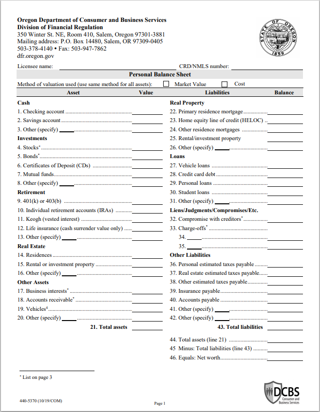 BD- Oregon Broker-Dealer Agent Personal Balance Sheet and Income Statement Form