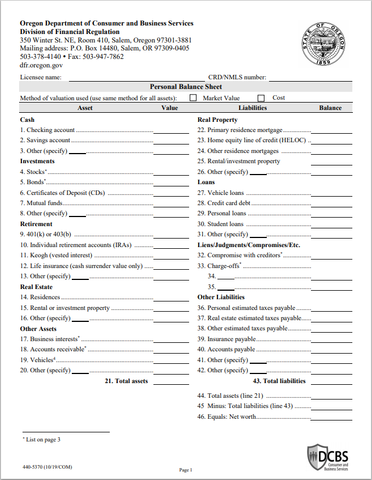 BD- Oregon Broker-Dealer Agent Personal Balance Sheet and Income Statement Form
