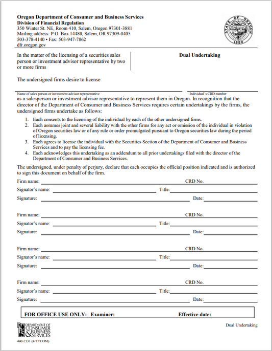 BD- Oregon Broker-Dealer Dual Undertaking Form