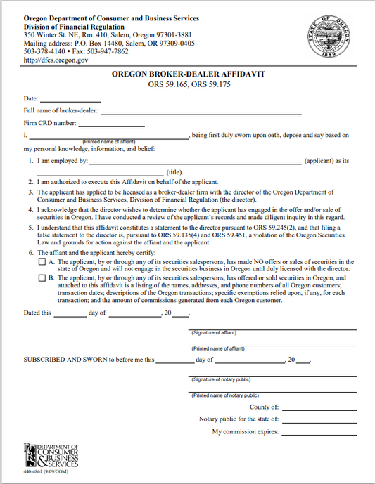 BD-Oregon Broker-Dealer Registration Affidavit Form