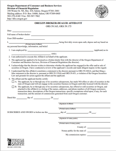 BD-Oregon Broker-Dealer Registration Affidavit Form