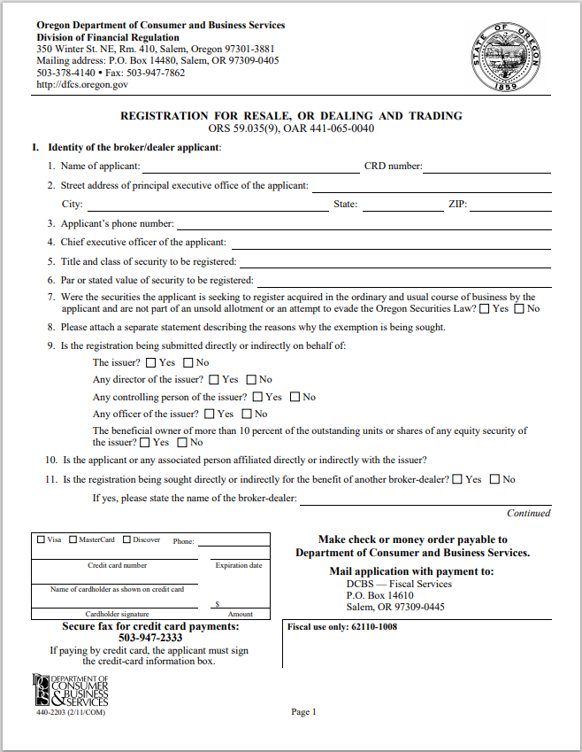BD-Oregon Broker-Dealer Registration for Resale or Dealing and Trading Form
