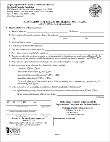 BD-Oregon Broker-Dealer Registration for Resale or Dealing and Trading Form