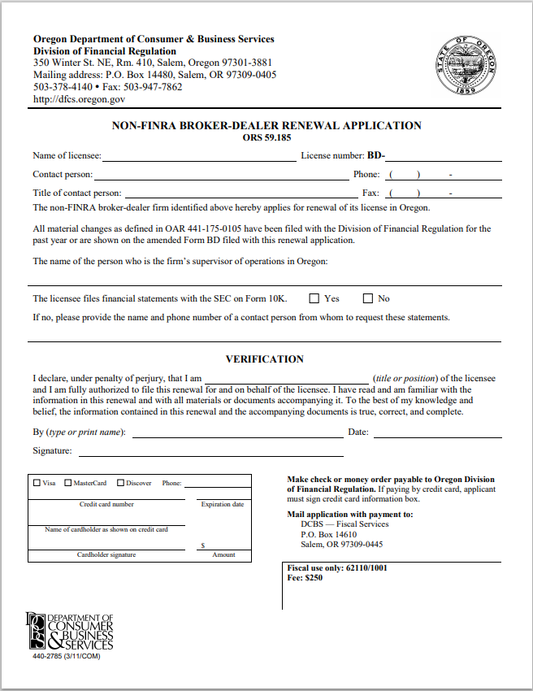 BD-Oregon Non-FINRA Broker-Dealer Renewal Application Form