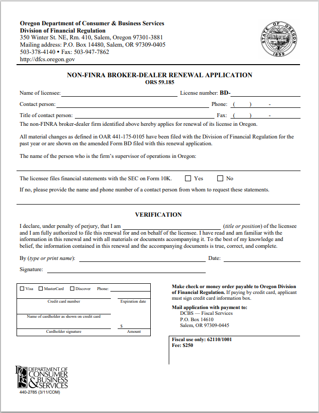 BD-Oregon Non-FINRA Broker-Dealer Renewal Application Form