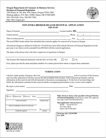 BD-Oregon Non-FINRA Broker-Dealer Renewal Application Form