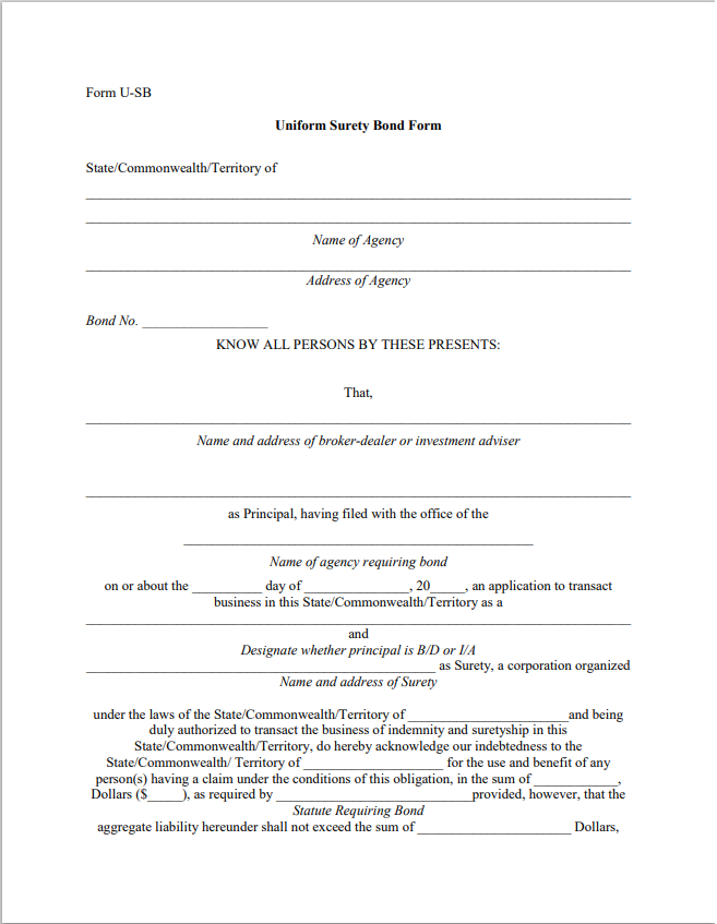 BD- South Dakota Broker-Dealer Surety Bond Form U-SB