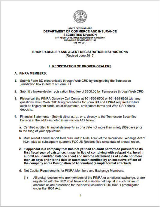 BD- Tennessee Broker-Dealer and Agent Registration Requirements