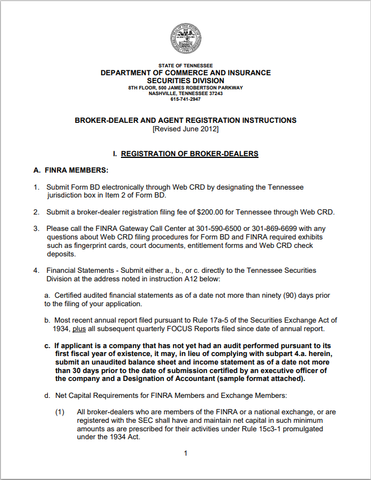 BD- Tennessee Broker-Dealer and Agent Registration Requirements