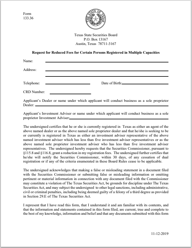 BD- Texas Broker-Dealer Request for Reduced Fees for Certain Persons Registered in Multiple Capacities Form 133.36