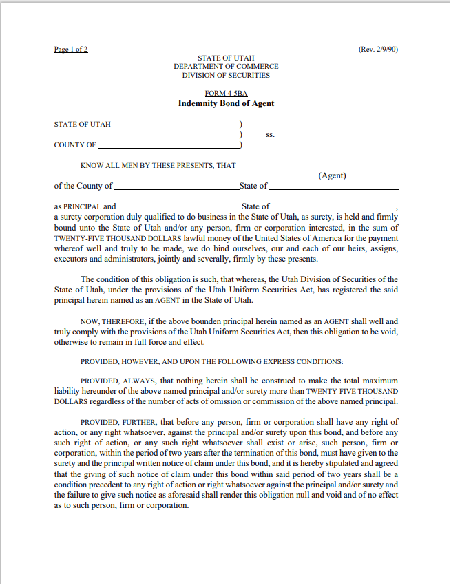 BD- Utah Broker-Dealer Agent Indemnity Bond Form 4-5BA