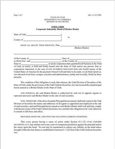 BD- Utah Broker-Dealer Corporate Indemnity Bond Form 4-5BBD