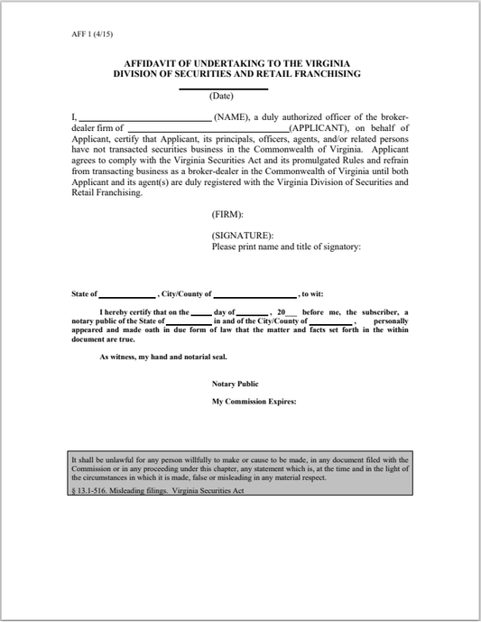 BD- State of Virginia Broker-Dealer Affidavit Form