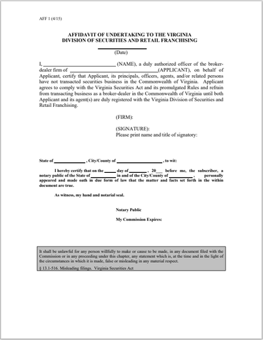 BD- State of Virginia Broker-Dealer Affidavit Form