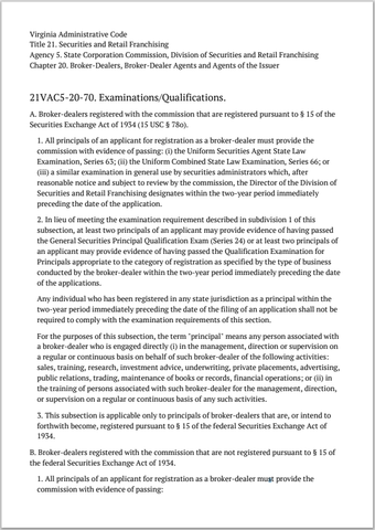 BD- Virginia Broker-Dealer Examination and Qualification Requirements