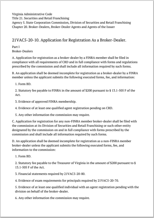 BD- Virginia B-D Initial, Update, Amendment and Renewal Reg. Requirements