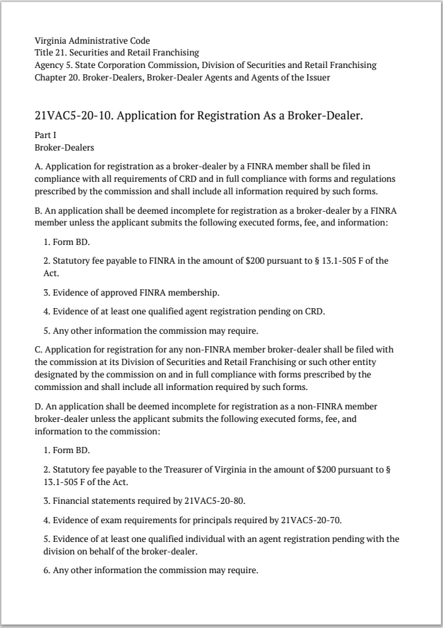 BD- Virginia B-D Initial, Update, Amendment and Renewal Reg. Requirements