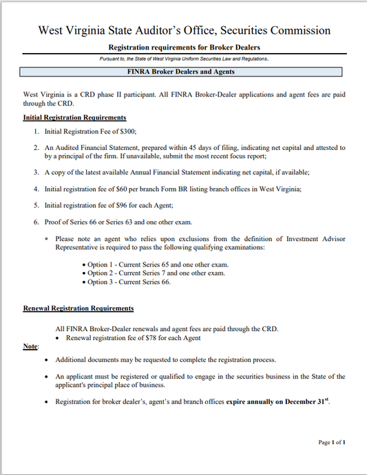 BD- West Virginia Broker-Dealer and Agent Registration Requirements