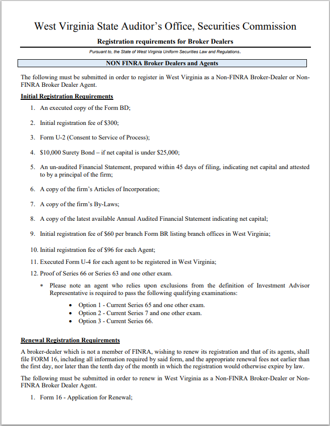 BD- West Virginia Non-FINRA Broker-Dealer and Agent Registration Requirements