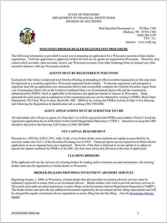 BD- Wisconsin Broker-Dealer and Agent Registration Requirements