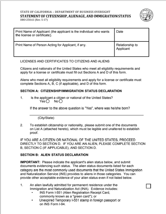 BD- California Stmt of Citizenship, Alienage, and Immigration (Form 250.61)