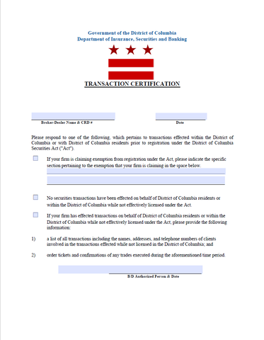 BD- District of Columbia Transaction Cert. Form for Broker-Dealers and Agents