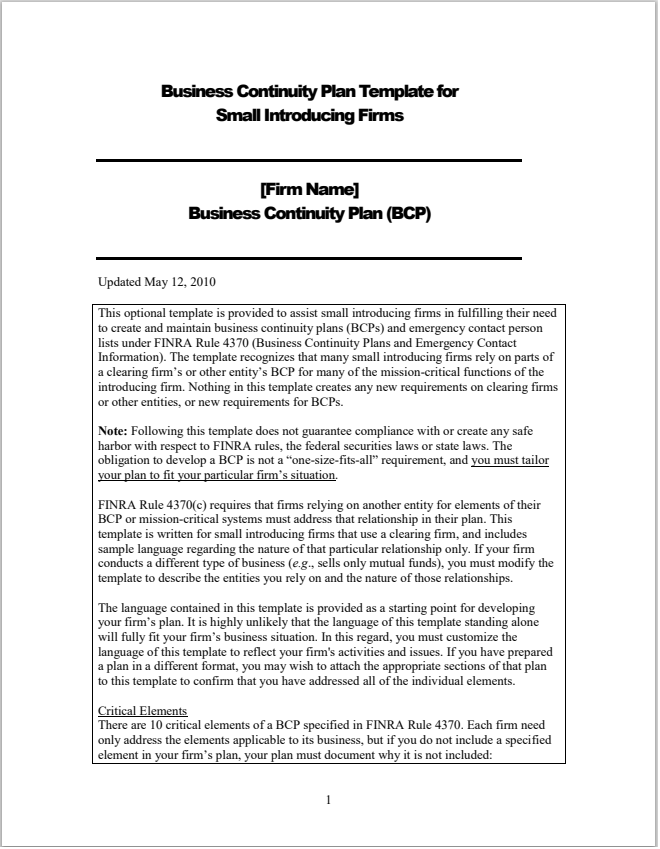 FINRA Business Continuity Plan Template for Small Introducing Firms