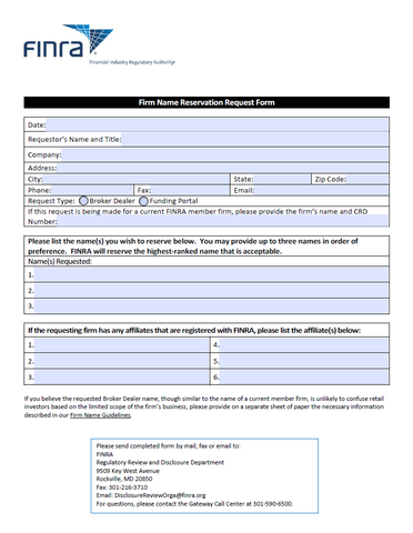 BD- FINRA Broker-Dealer Firm Name Reservation Request Form