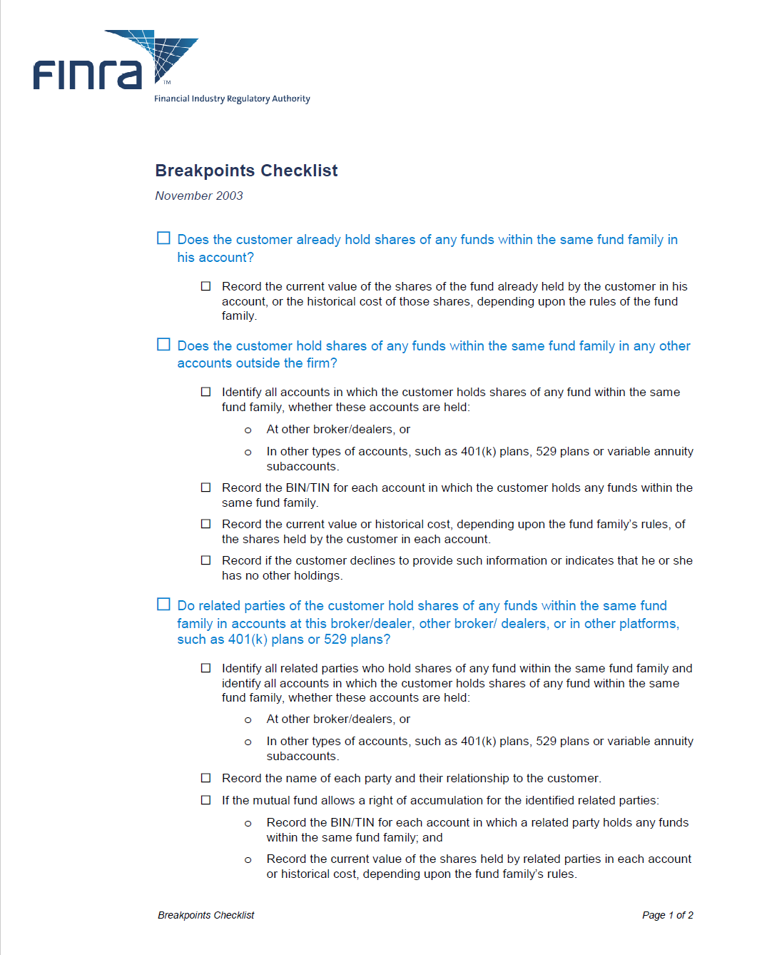BD- FINRA Mutual Fund Breakpoints Checklist Template